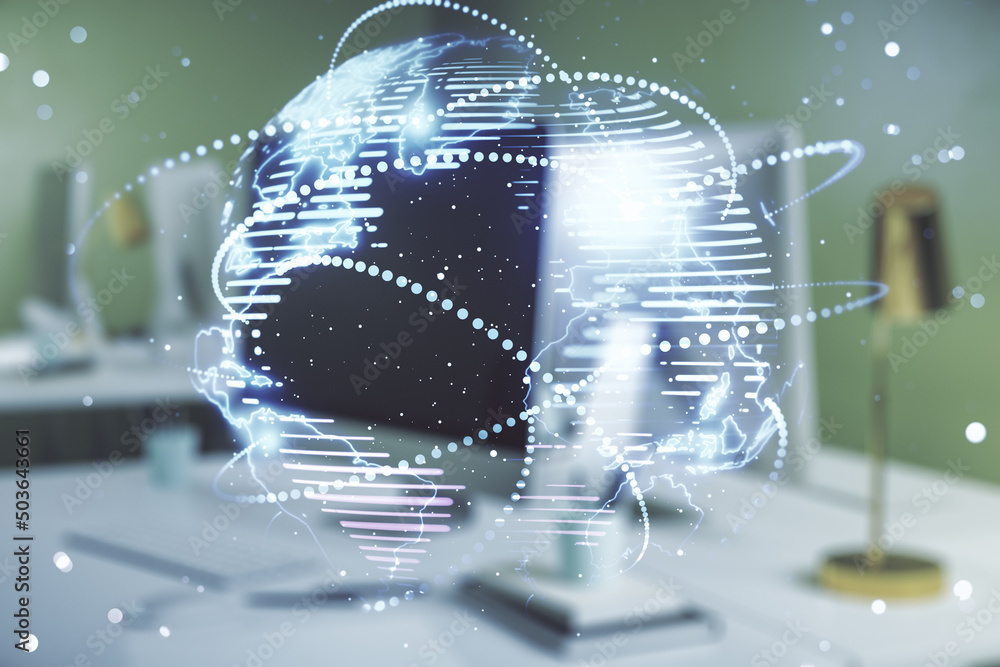 Aufkleber abstract graphic digital world map with connections on modern computer background, globalization con