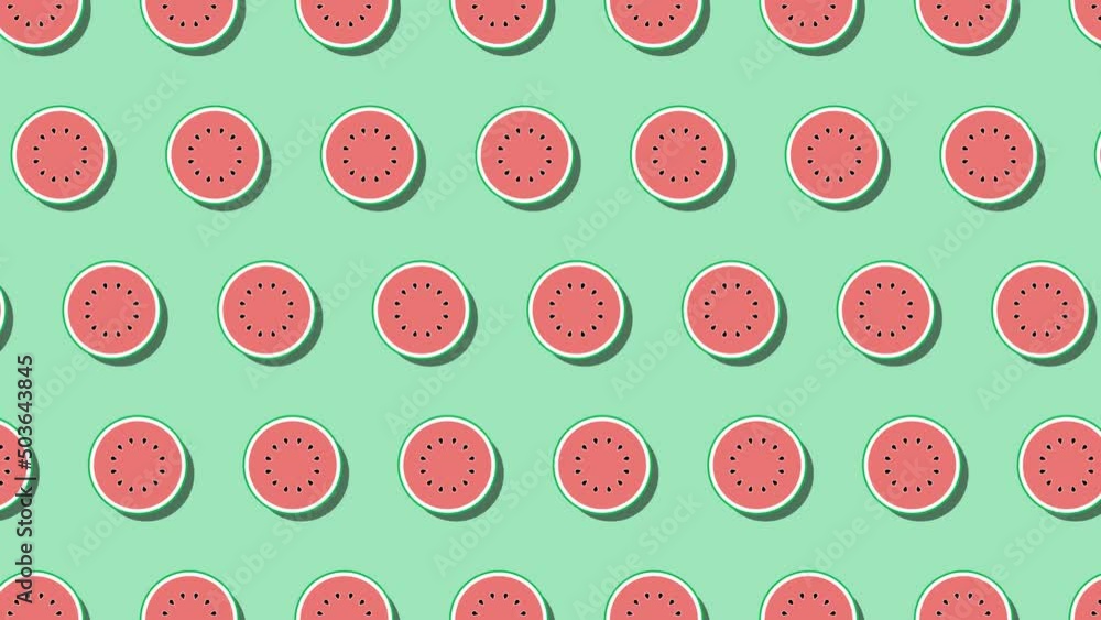 Poster pattern of animated fruit icons of watermelon on a green background. seamless loop food animation wi