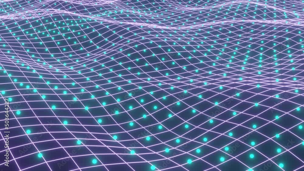 Poster 4k seamless loop abstract background of glow particles. violet glowing surface as futuristic landsca