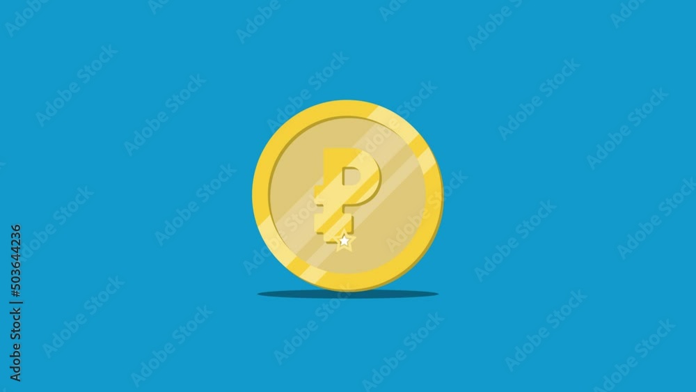 Poster golden coin with symbol of russian currency ruble rolling on a blue background. seamless loop financ