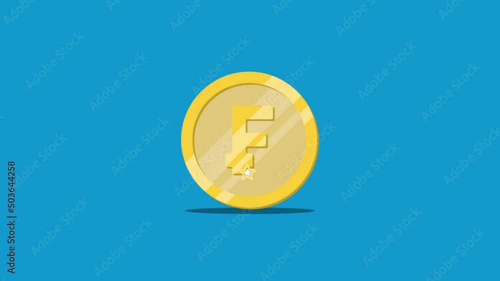 Aufkleber golden coin with symbol of swiss currency franc rolling on a blue background. seamless loop financia