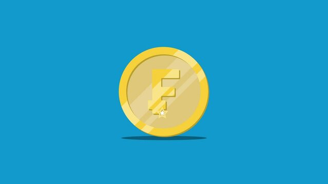 Golden coin with symbol of Swiss currency Franc rolling on a blue background. Seamless loop financial or business animation. Endless background with golden coin