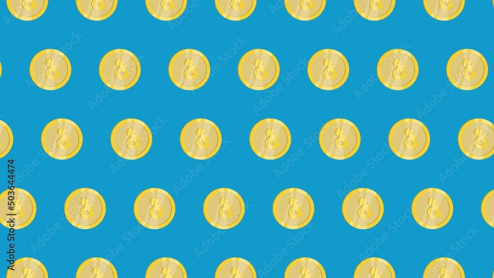 Aufkleber golden coins pattern with symbol of russian currency ruble on a blue background. seamless loop finan