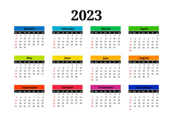 Calendar for 2023 isolated on a white background