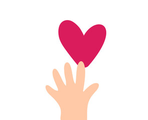 Vector Beige child hand takes red heart logo icon. Encourage donate. Concept idea of donation and help. Stop war in Ukraine