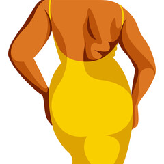 vector illustration on the theme of body positivity. a juicy fat girl stands with her back in a tight-fitting dress and is not embarrassed by the fat folds on her body. isolated on white background.