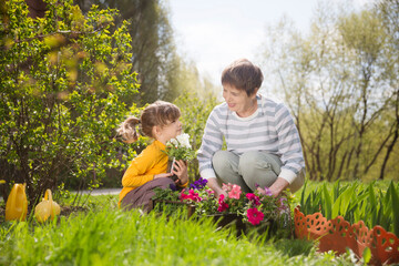 Spring awakening. Slow life. Enjoying the little things. Dreaming of spring. grandmother and child granddaughter plant flowers near the house. Child girl help grandmother work in the garden.