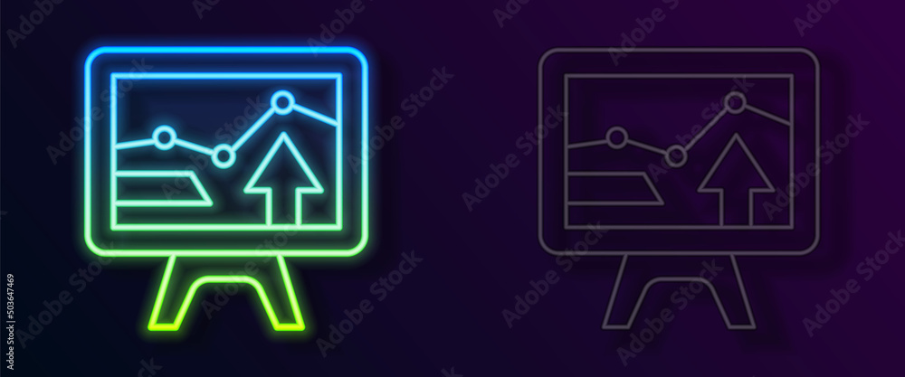 Poster glowing neon line computer monitor with graph chart icon isolated on black background. report text f