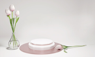 Blank podium for product with flowers in a vase, luxury gold circle. Mock up winner podium cylinder block , 3d render illustration, pedestal isolated on white background, abstract minimal concept 