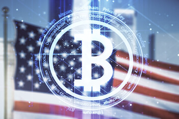 Double exposure of creative Bitcoin symbol hologram on USA flag and blurry cityscape background. Cryptocurrency concept