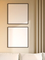 Twin modern and minimalist square black poster or photo frame mockup on the wall in the living room. 3d rendering.
