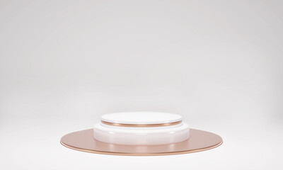 Blank podium for product, luxury gold circle. Mock up winner podium cylinder block, 3d render illustration, pedestal isolated on white background,  abstract minimal concept 