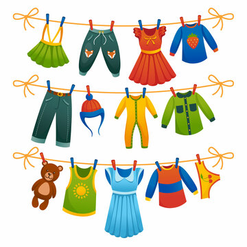 Child cartoon dry wear and underwear on rope. Vector clothesline with clean pants and blouse