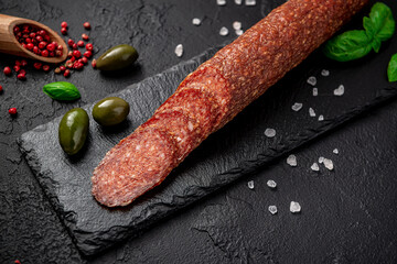 Salami. Dried organic salami sausage or spanish chorizo