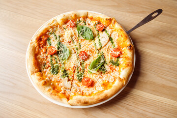 Italian pizza with chicken, cherry tomatoes, mozzarella and parmesan cheese, basil on plate with serving spatula on wooden table. Top view, lifestyle photo.
