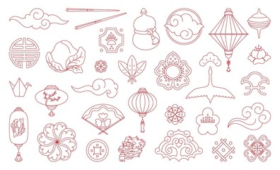 Asian traditional graphic. Oriental lanterns sakura flowers Sun and Moon design elements. Vector isolated set