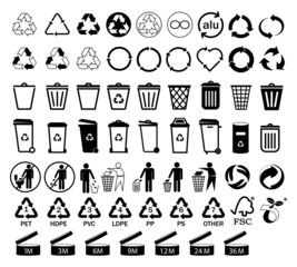 Set recycle icons sign.Recycling.Trash can icon.Black icons for packaging , recycling,ecology, eco friendly, environmental management symbols.