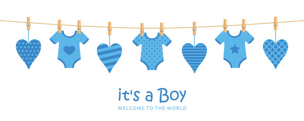 its a boy welcome greeting card for childbirth with hanging hearts and bodysuits © krissikunterbunt