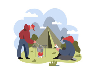 Tourism, tourists cook food in nature. A tent, a campfire, a pot. Vector illustration.