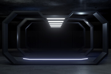 Obraz premium Empty Display Design for mockup and Corporate identity,stage.Platform elements in hall.Blank screen system for Graphic Resources.Scene event led night light staging.3d Background for online.3 render.