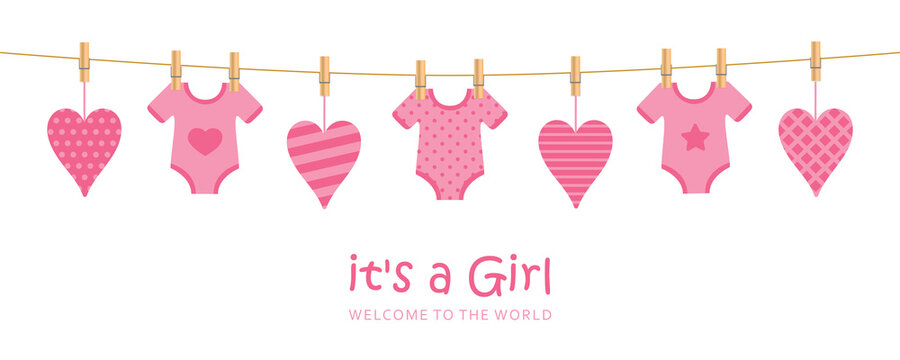 its a girl welcome greeting card for childbirth with hanging hearts and bodysuits