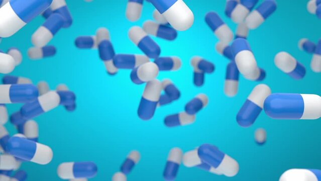 White pills tablets medication falling over blue background - 3D animation