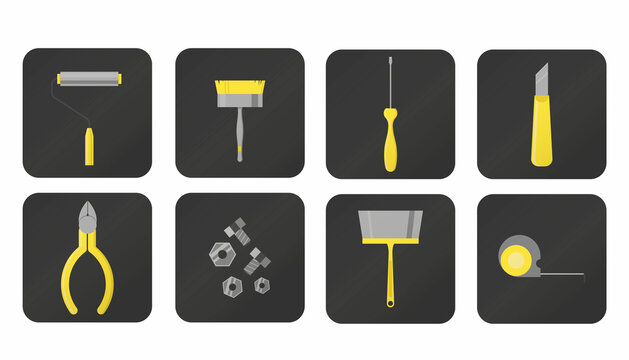 Set of monochrome icons with the image of repair tools with yellow accents