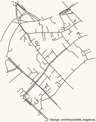 Detailed navigation black lines urban street roads map of the GEORGS- UND KREUZVIERTEL DISTRICT of the German regional capital city of Augsburg, Germany on vintage beige background