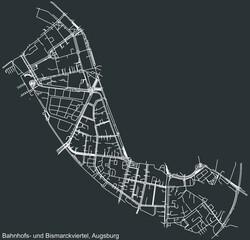 Detailed negative navigation white lines urban street roads map of the BAHNHOFS- UND BISMARCKVIERTEL DISTRICT of the German regional capital city of Augsburg, Germany on dark gray background
