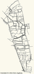 Detailed navigation black lines urban street roads map of the INNENSTADT, ST. ULRICH–DOM DISTRICT of the German regional capital city of Augsburg, Germany on vintage beige background