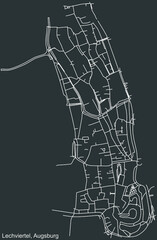 Detailed negative navigation white lines urban street roads map of the LECHVIERTEL DISTRICT of the German regional capital city of Augsburg, Germany on dark gray background