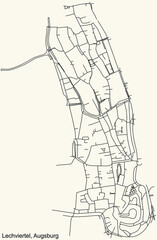 Detailed navigation black lines urban street roads map of the LECHVIERTEL DISTRICT of the German regional capital city of Augsburg, Germany on vintage beige background