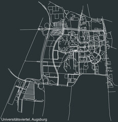 Detailed negative navigation white lines urban street roads map of the UNIVERSITÄTSVIERTEL BOROUGH of the German regional capital city of Augsburg, Germany on dark gray background