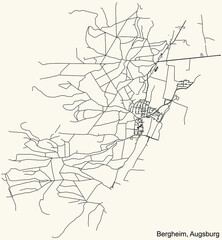 Detailed navigation black lines urban street roads map of the BERGHEIM BOROUGH of the German regional capital city of Augsburg, Germany on vintage beige background