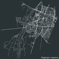 Detailed negative navigation white lines urban street roads map of the GÖGGINGEN BOROUGH of the German regional capital city of Augsburg, Germany on dark gray background
