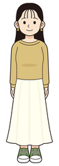 スウェットを着た女性全身　スカート＿線画