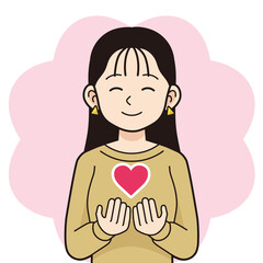 ハートを持ったスウェットを着た女性＿線画