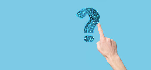 Question mark. 3d abstract on dark background with dots and stars. Ask symbol. Help support, faq...