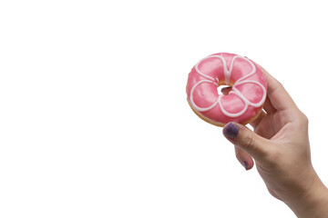 Woman holding tasty donut on white background. Copy space for your text.