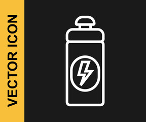 White line Fitness shaker icon isolated on black background. Sports shaker bottle with lid for water and protein cocktails. Vector