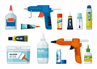 glue tubes. office supplies different packages of glue. Vector colored illustrations - obrazy, fototapety, plakaty