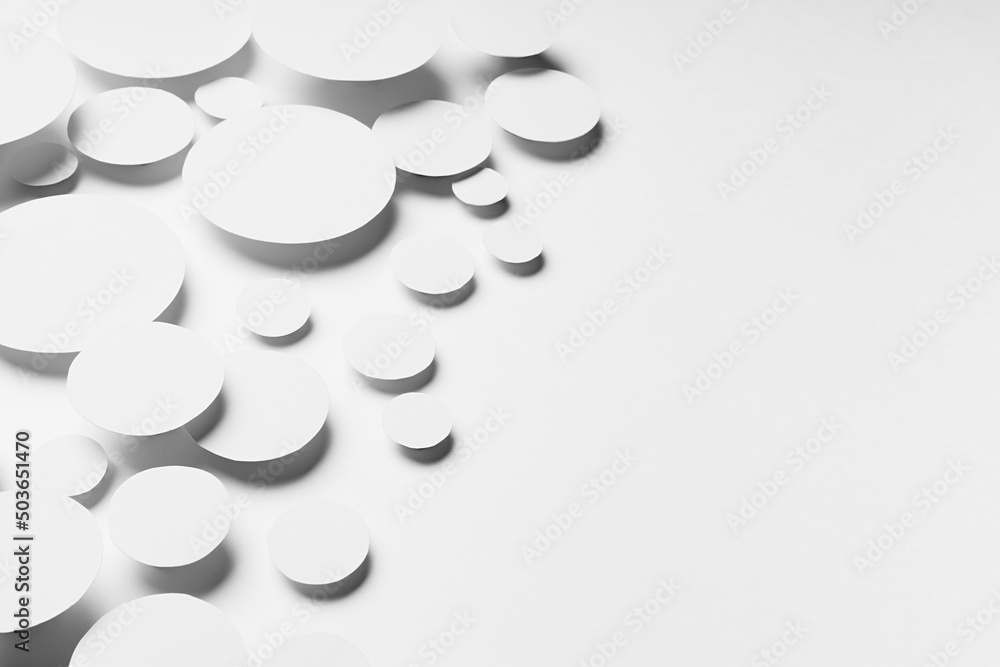 Aufkleber abstract geometric texture of flying white paper ovals in shining light with soft grey shadows as mo