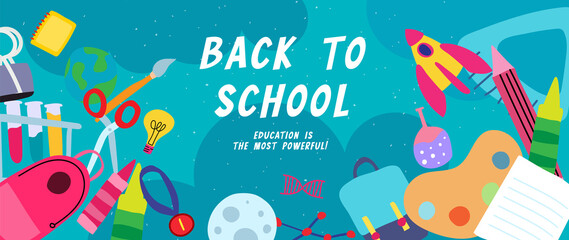 Welcome back to school vector background. Cute hand drawn wallpaper with school stuffs, objects, book, pencil, pen in doodle style. Adorable banner design for education, prints, covers, kids. © TWINS DESIGN STUDIO