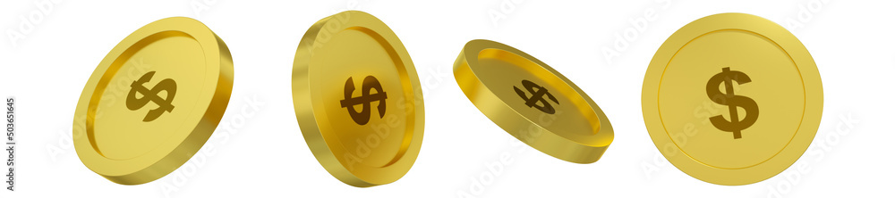 Poster 3d rendering of us dollar coin concept in different angles. dollar sign design isolated on white bac