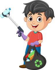 Cartoon boy collecting  plastic garbage with litter stick
