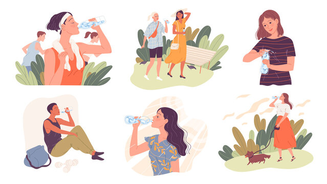 Set of people drinking water in the summer heat