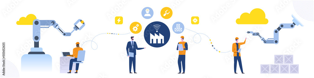 Poster assembly line with robotic arms and workers male and female factory workers engineers automated prod