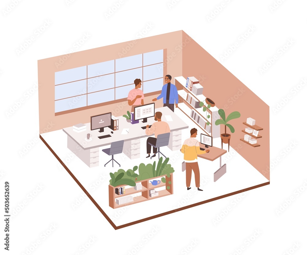 Aufkleber employees at work in ergonomic office. colleagues sitting and standing at desks, working at computer