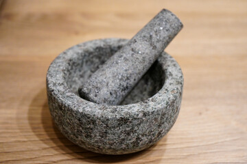 Granite pestle and mortar in a kitchen 