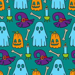 Halloween pattern with pumpkins, ghosts, candles. Cartoon Halloween characters. Seamless vector pattern with hand-drawn illustrations in the style of doodles. Isolated. For textiles, wrapping paper.